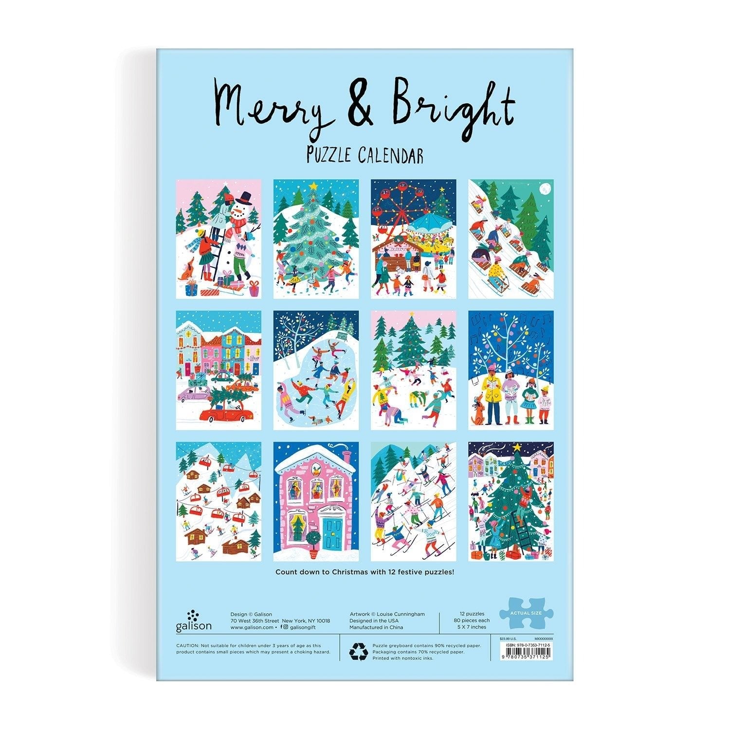 Louise Cunningham Merry and Bright 12 Days of Christmas Advent Puzzle Calendar - Galison